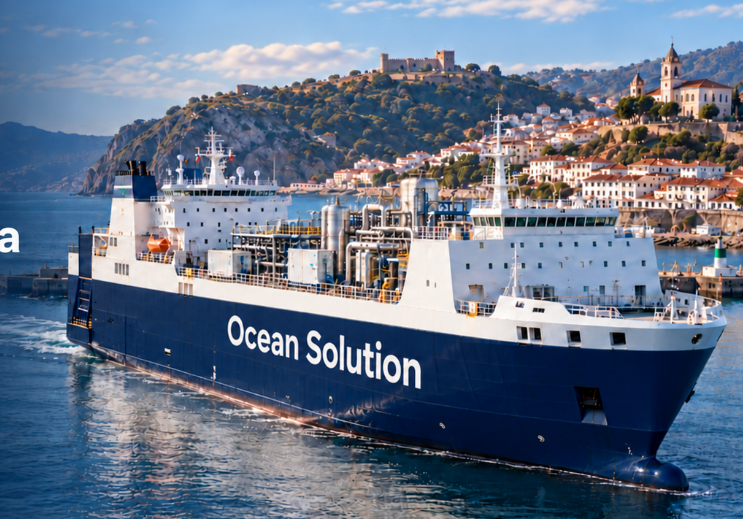 Ocean Solutions processing vessel beside a coastal town